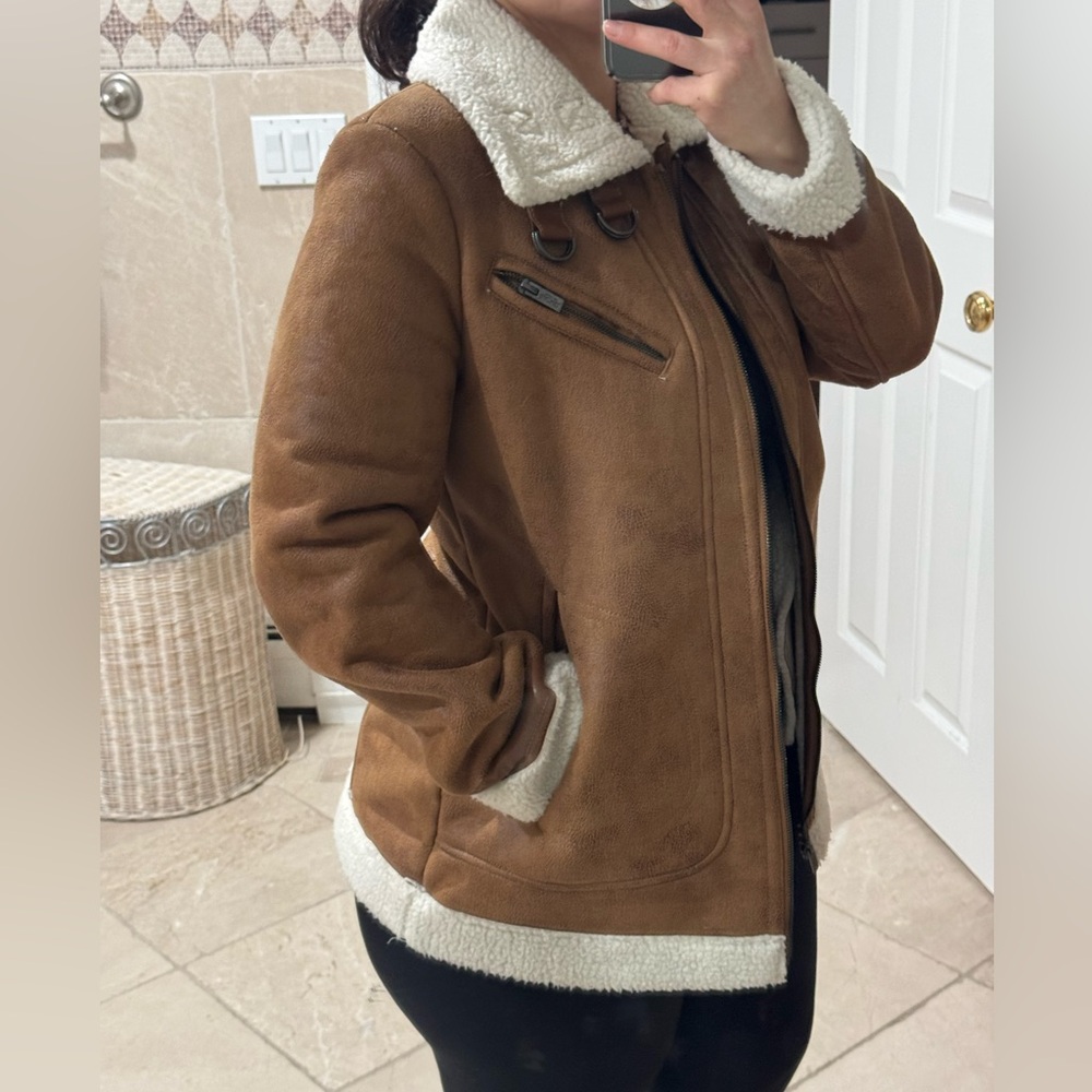 RACHEL Rachel Roy Tan Faux Suede Teddy Jacket with Cream Sherpa Trim